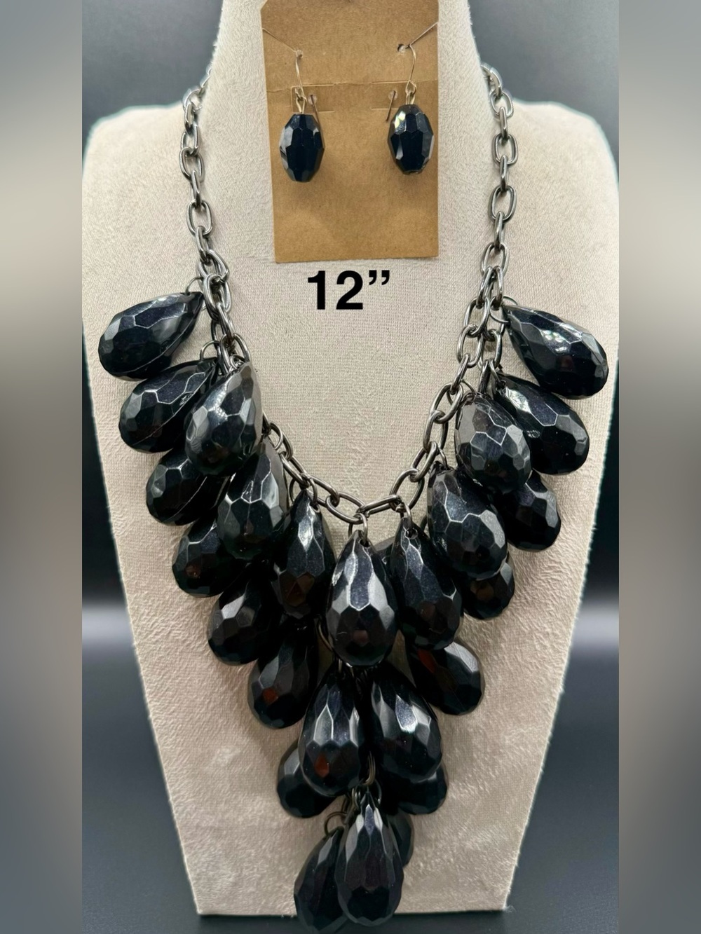 Statement Black Faceted Teardrop Necklace and Earring Set